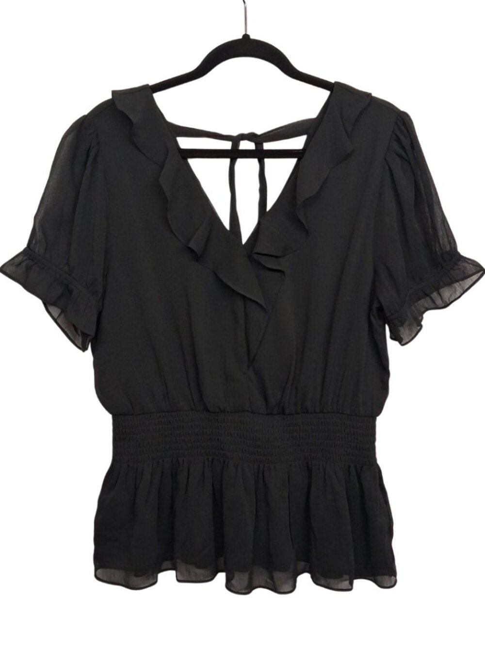 EVERLEIGH Ruffle Top Black V Neck Flutter Sleeve Smocked Stretchy Large
